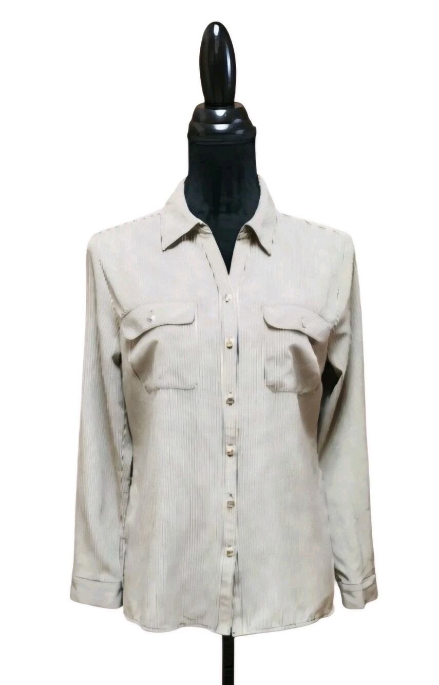 Notations Women's Size Small S Black Pin Striped Long-Sleeve Button Up Blouse
